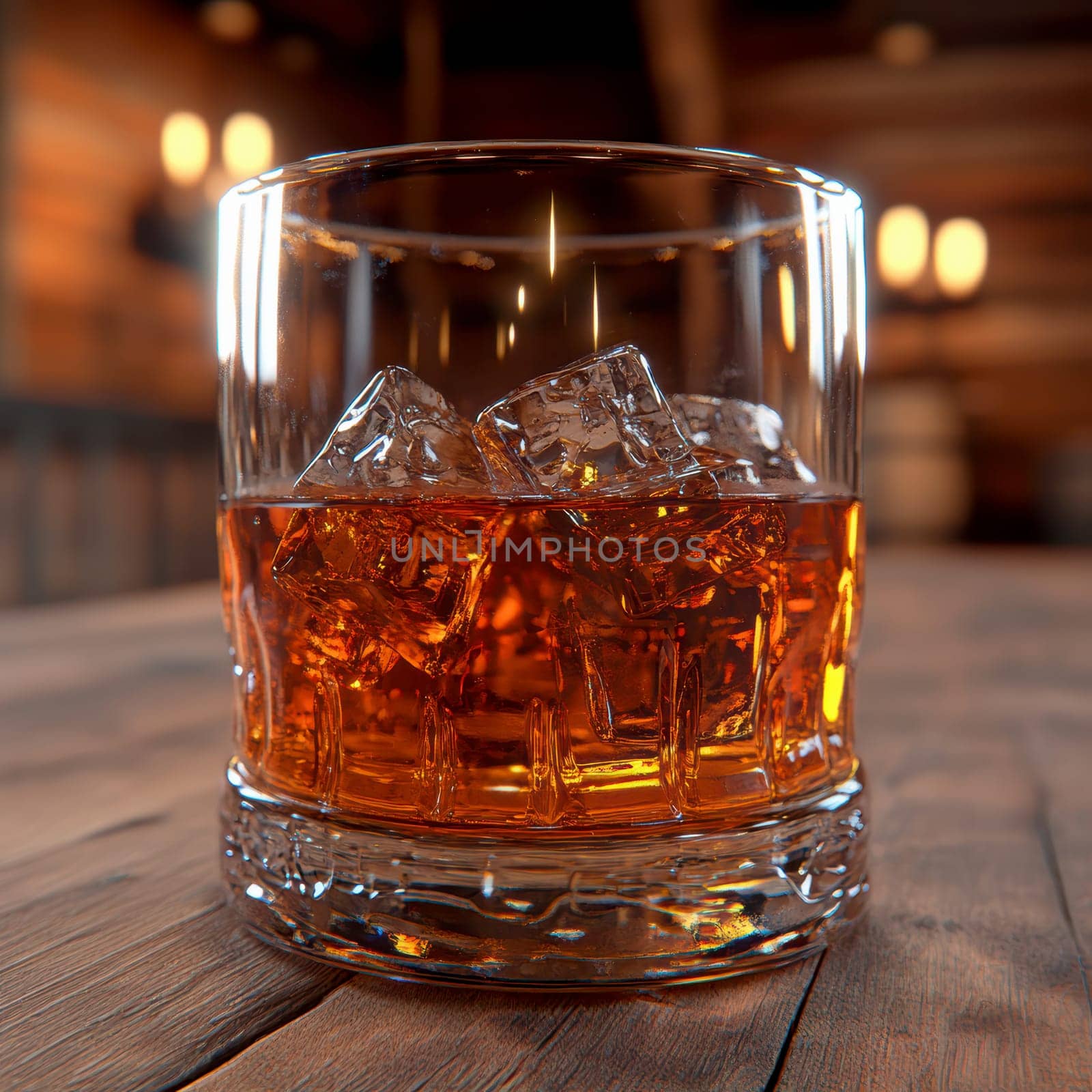 Two elegant, crystal-clear glasses of whiskey with ice cubes. AI generative.