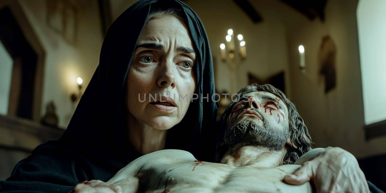 Mother of God with the dying Jesus in her arms. AI generative.