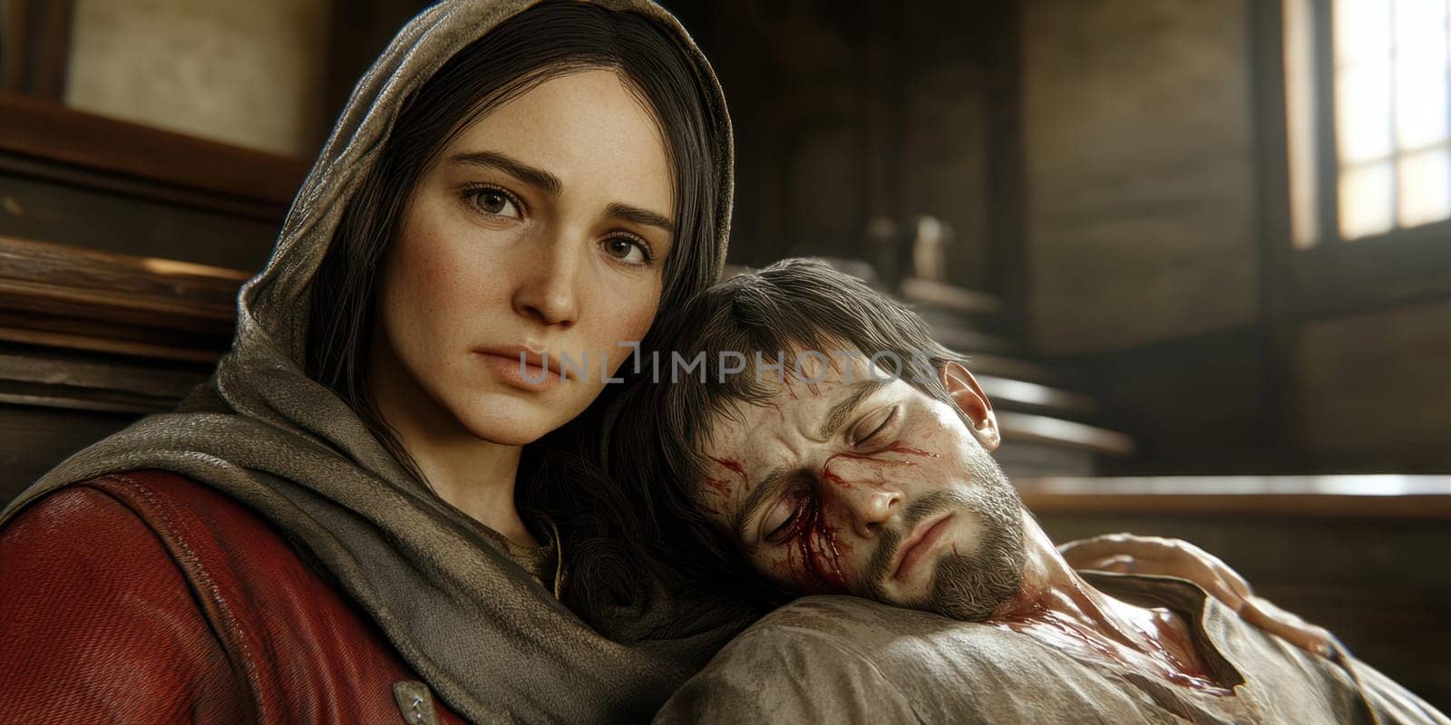 Mother of God with the dying Jesus in her arms. AI generative.