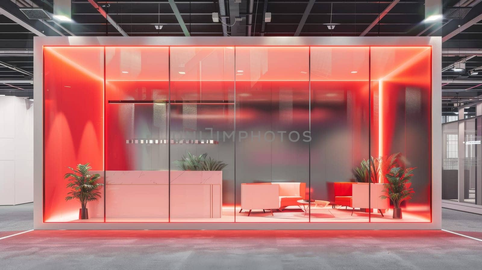 A red room with a white background and a green plant