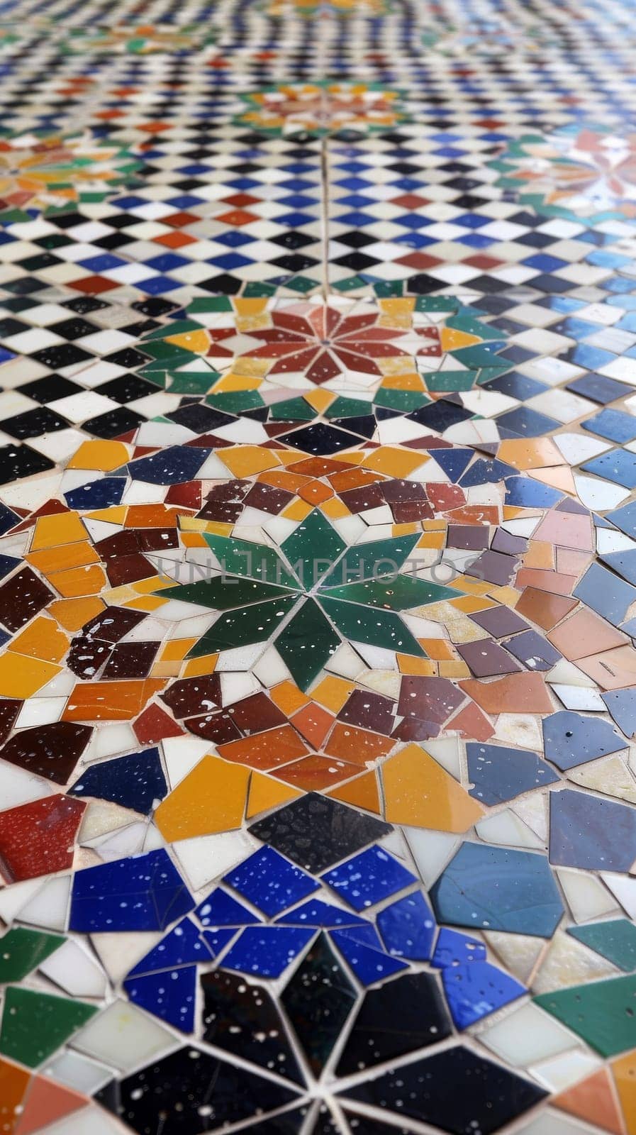 Colorful mosaic patterns inspired by Islamic art, ideal for decorating floors and walls.