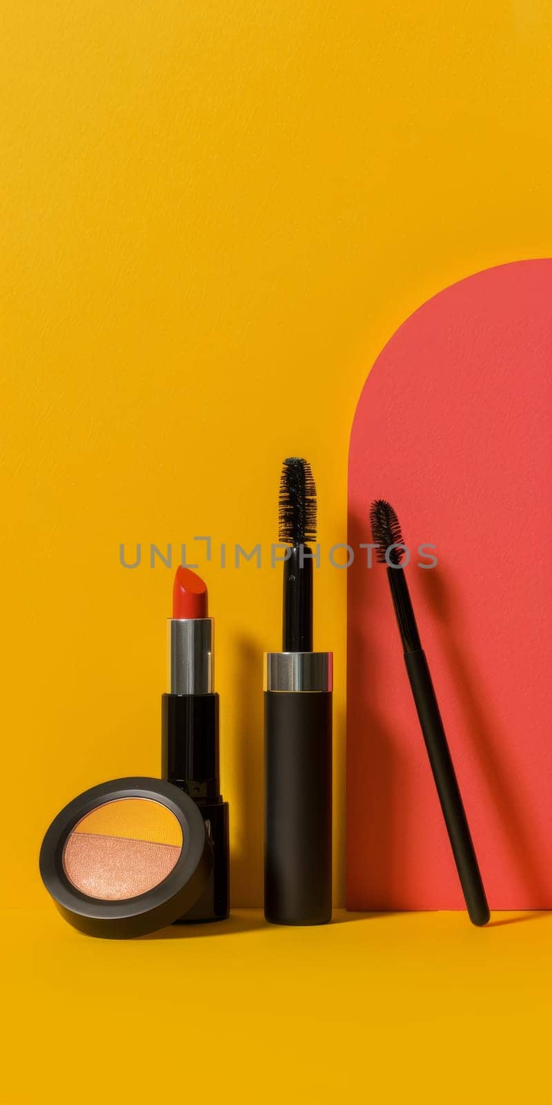 Copy space featuring trendy makeup products for beauty concept.