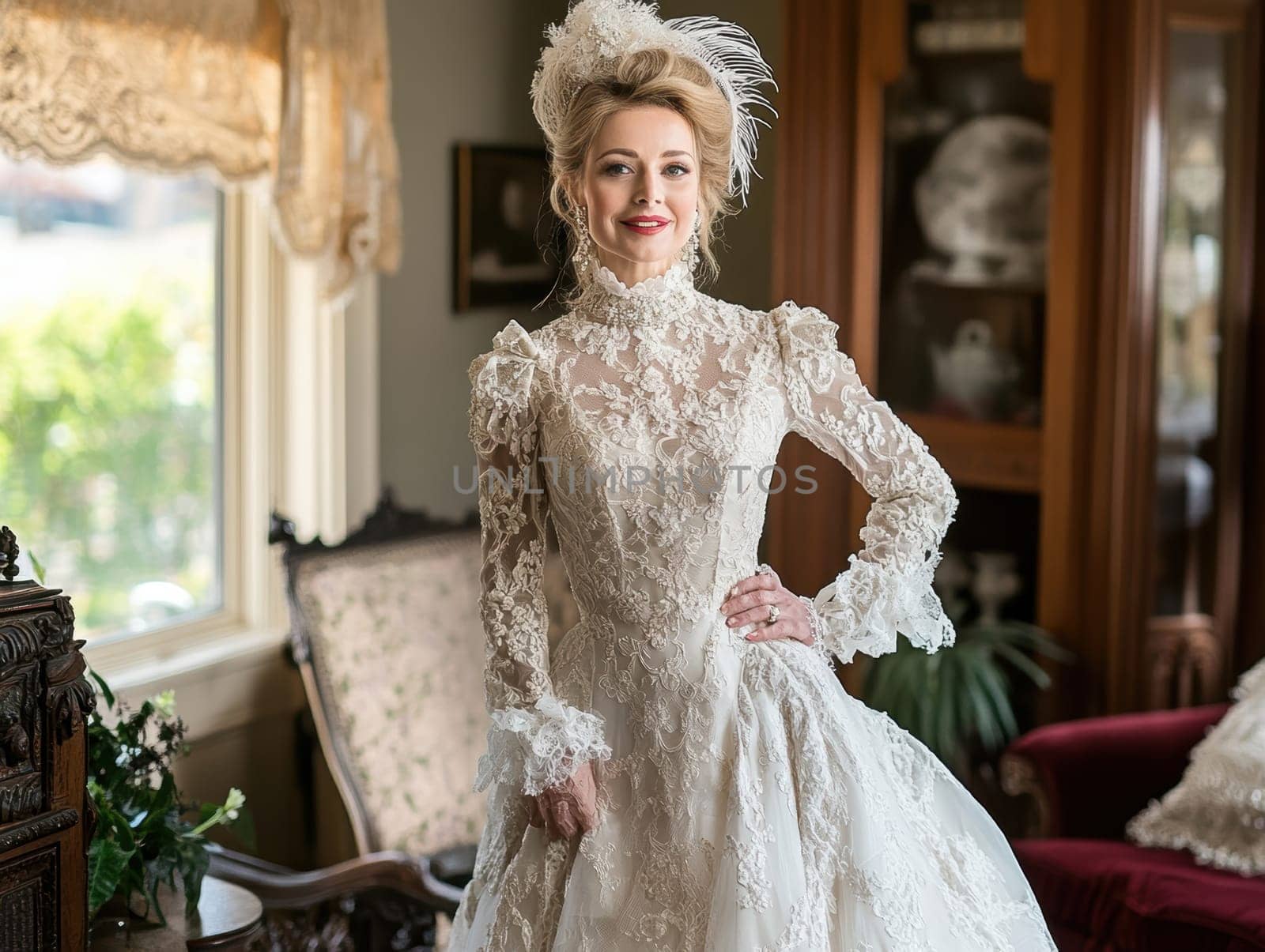elegant woman from the Victorian era standing in a richly decorated parlor. AI generative.