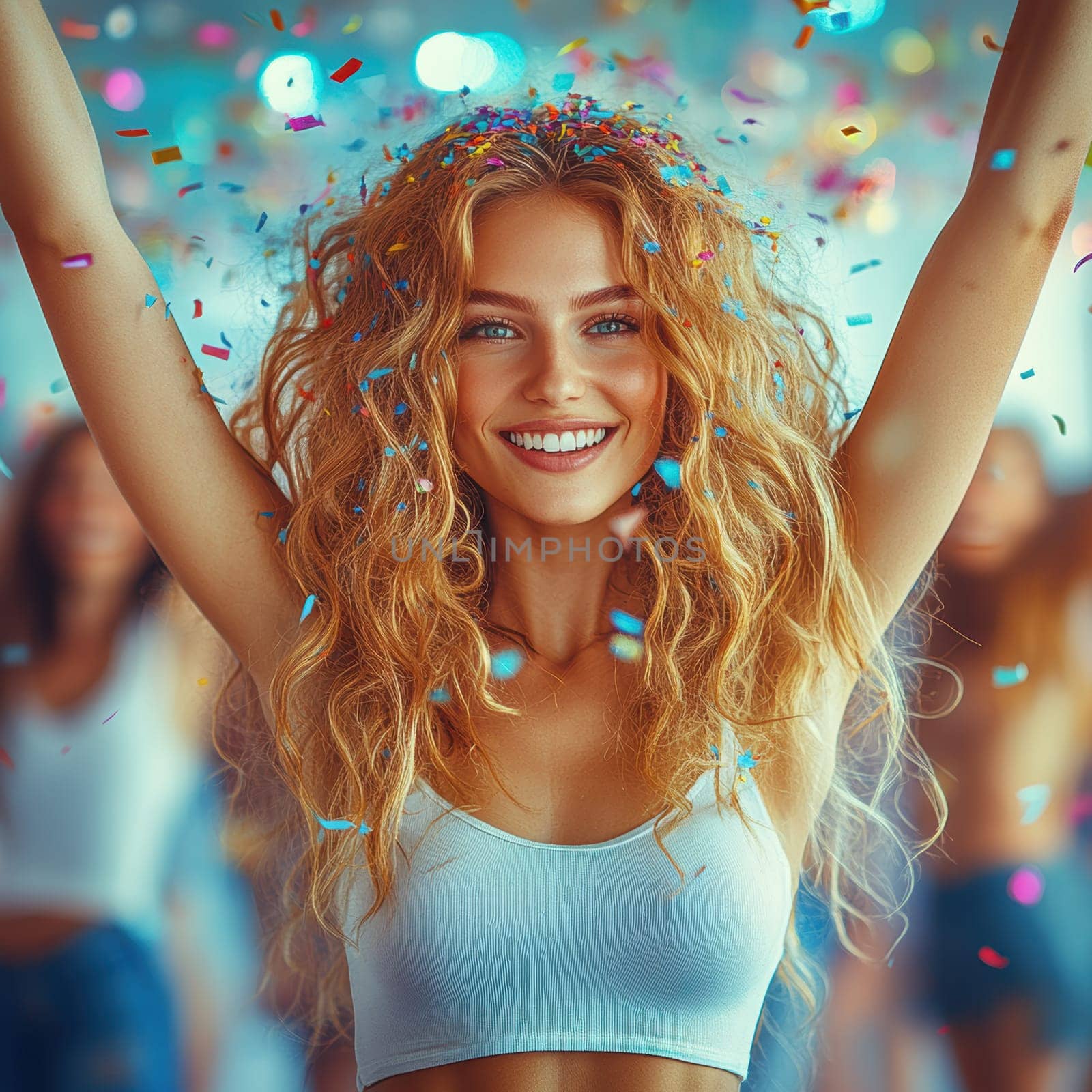 oung woman, celebrating with her arms raised high in the air, surrounded by colorful confetti.  AI generative.