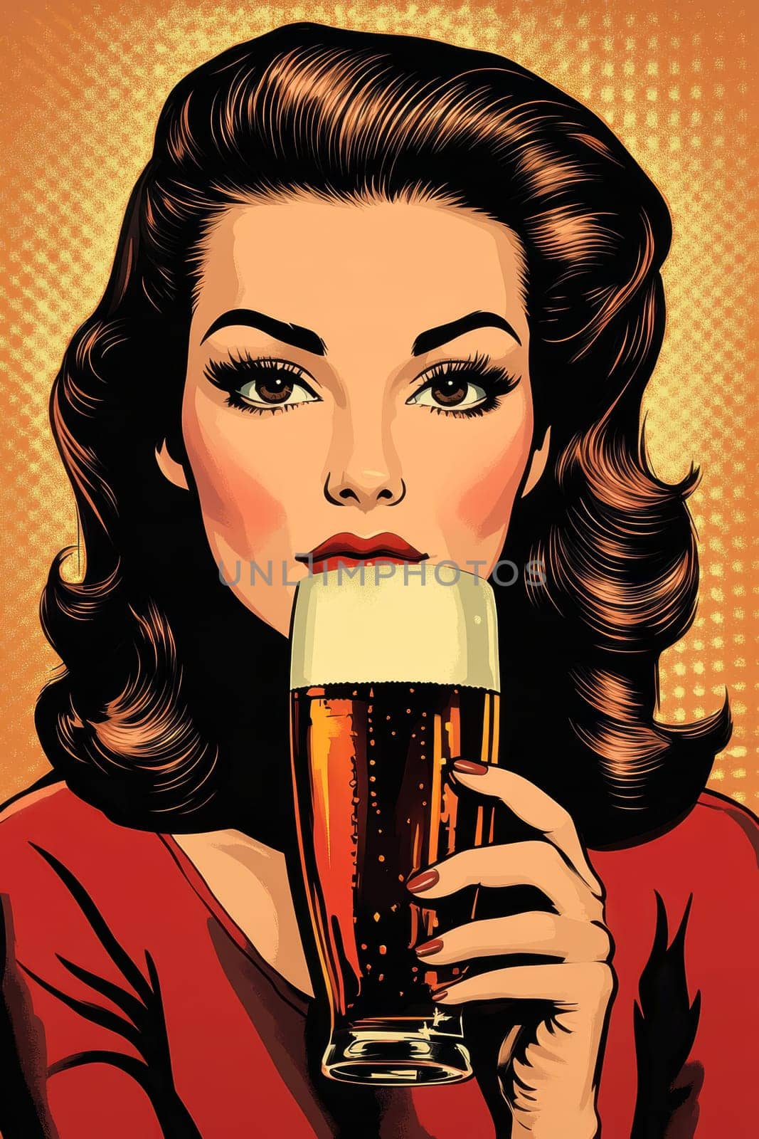 A woman styled in the 1950s holding a glass of beer. Vintage poster. AI generative.