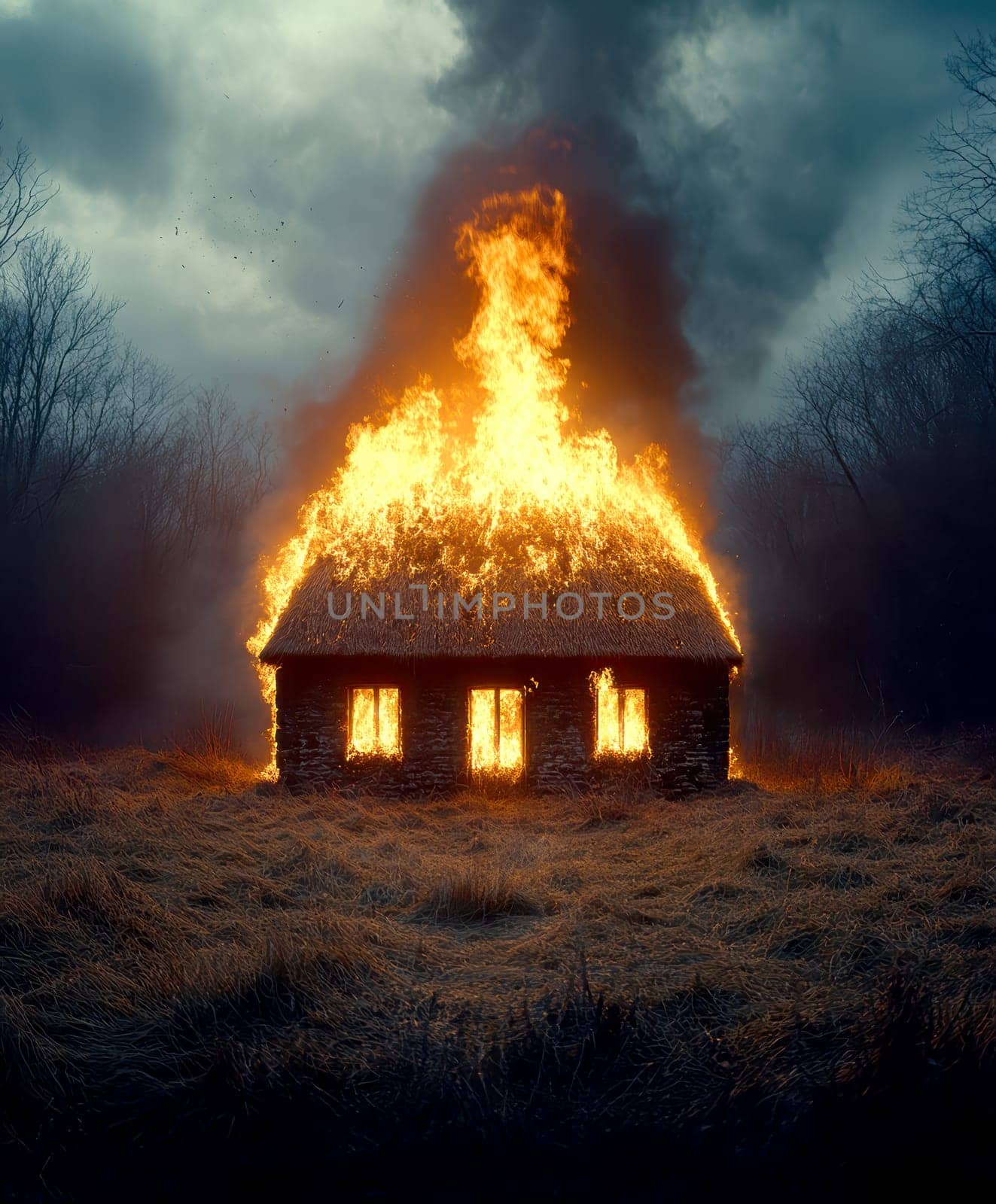 Burning house standing alone , backyard at night. AI generative.