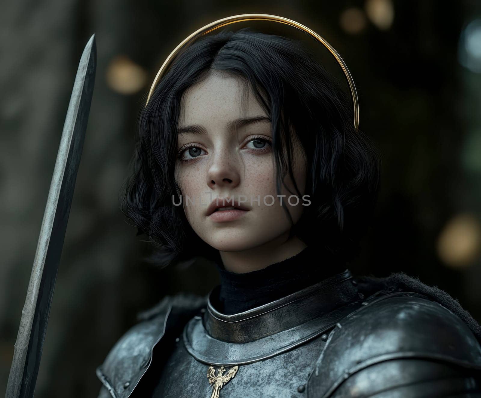 Joan of Arc, set against a dark background adorned with subtle flowers.  AI generative.