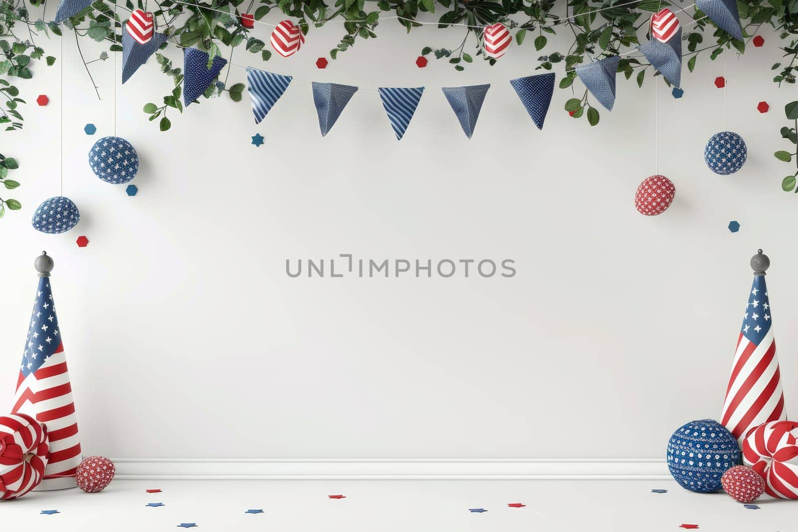 Crisp white backdrop with Patriot Day decorations.
