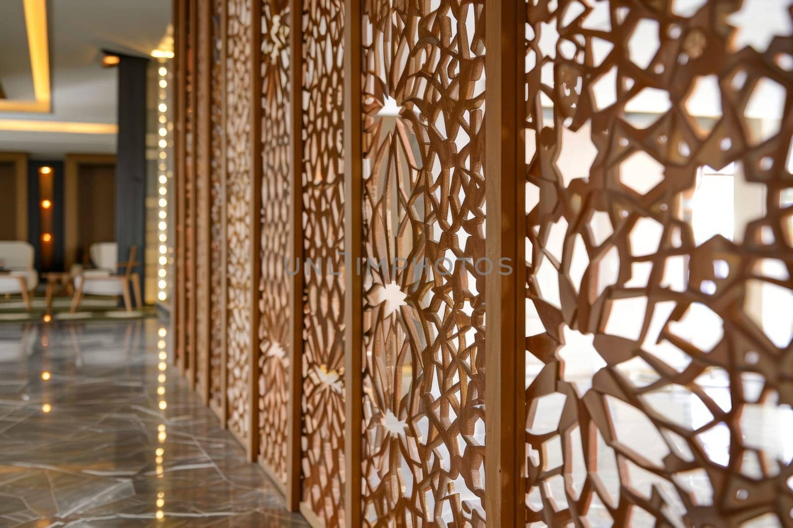 Decorative Islamic screens with geometric patterns, dividing spaces while adding visual interest.