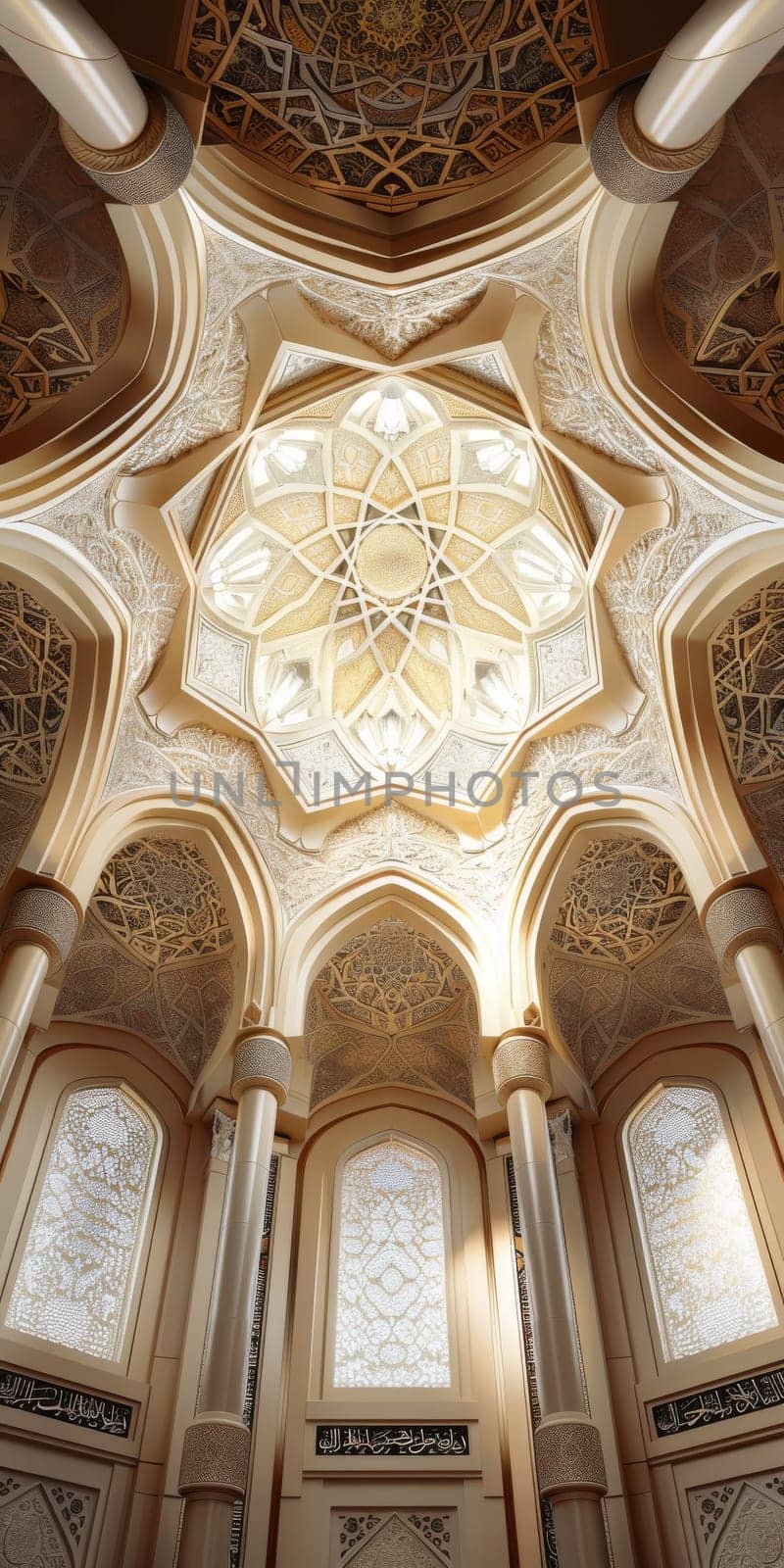 Detailed 3D rendering of an ornamental Islamic ceiling, adorned with geometric patterns and arabesques.
