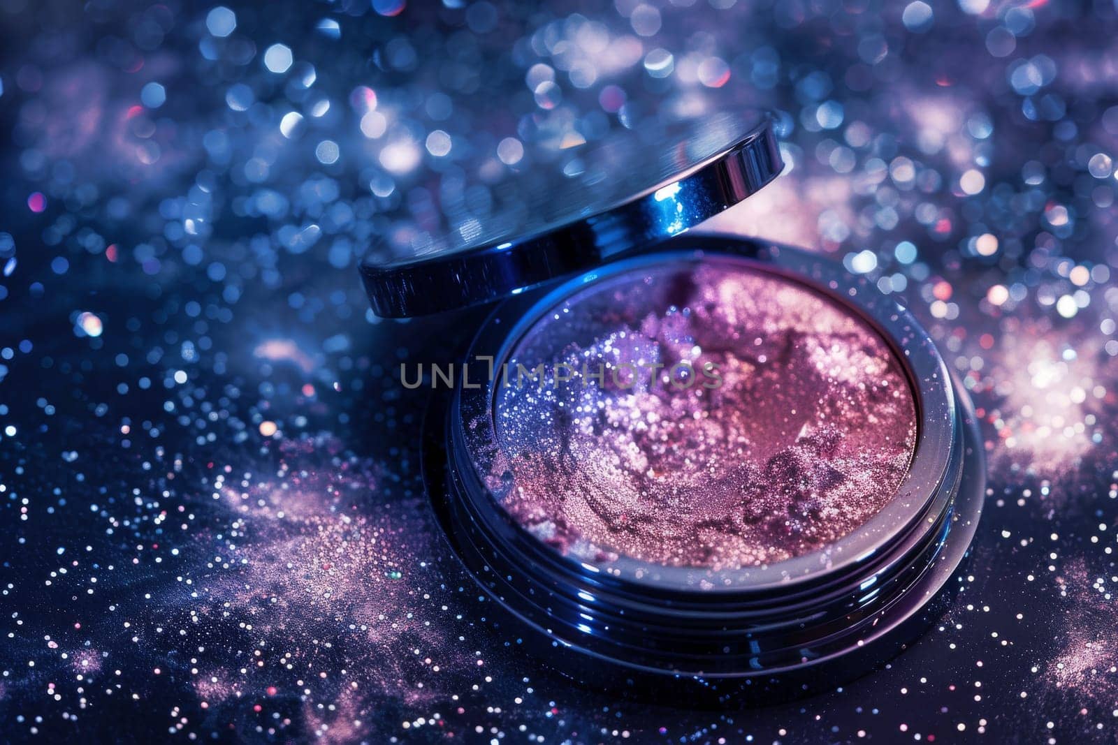 Dreamy double exposure of compact powder and starry night sky.