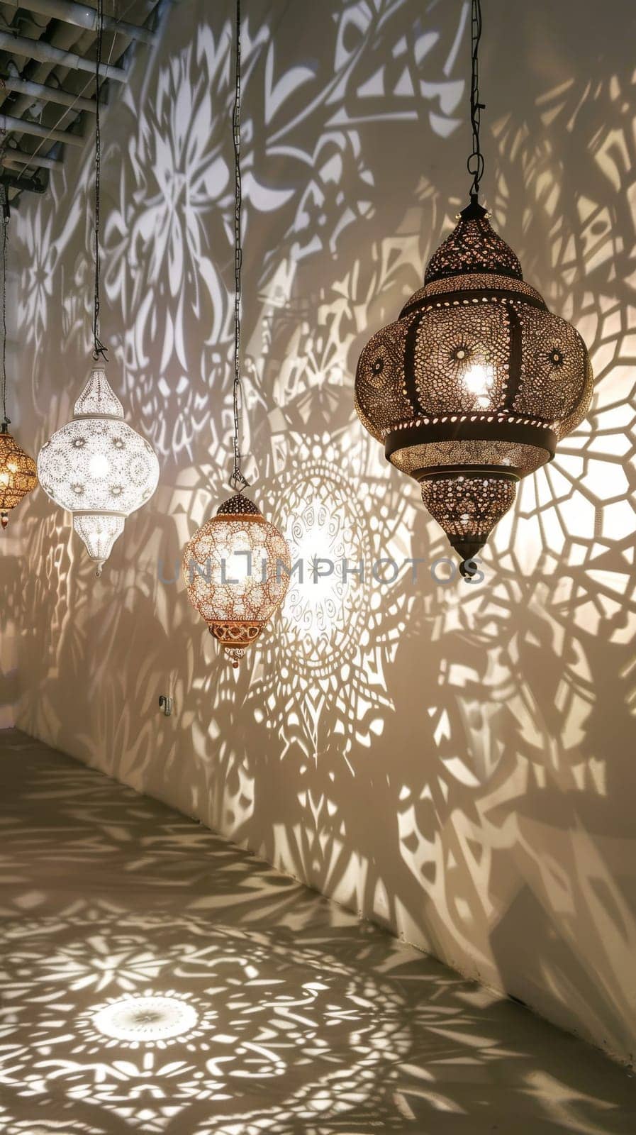 Elegant Islamic lanterns casting intricate shadows against a white wall, creating a captivating display.