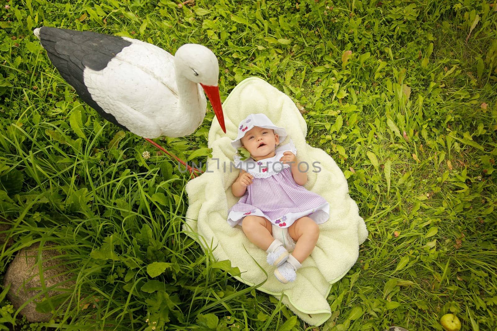 A cute little baby comfortably lies on a soft blanket, curiously gazing up at a stork perched beside her