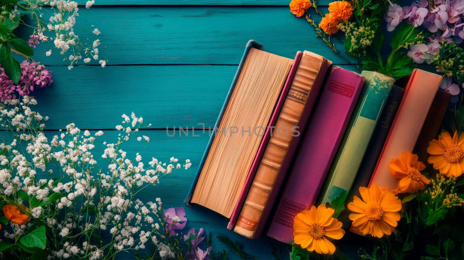 A still life composition of old books and wild flowers. AI generated