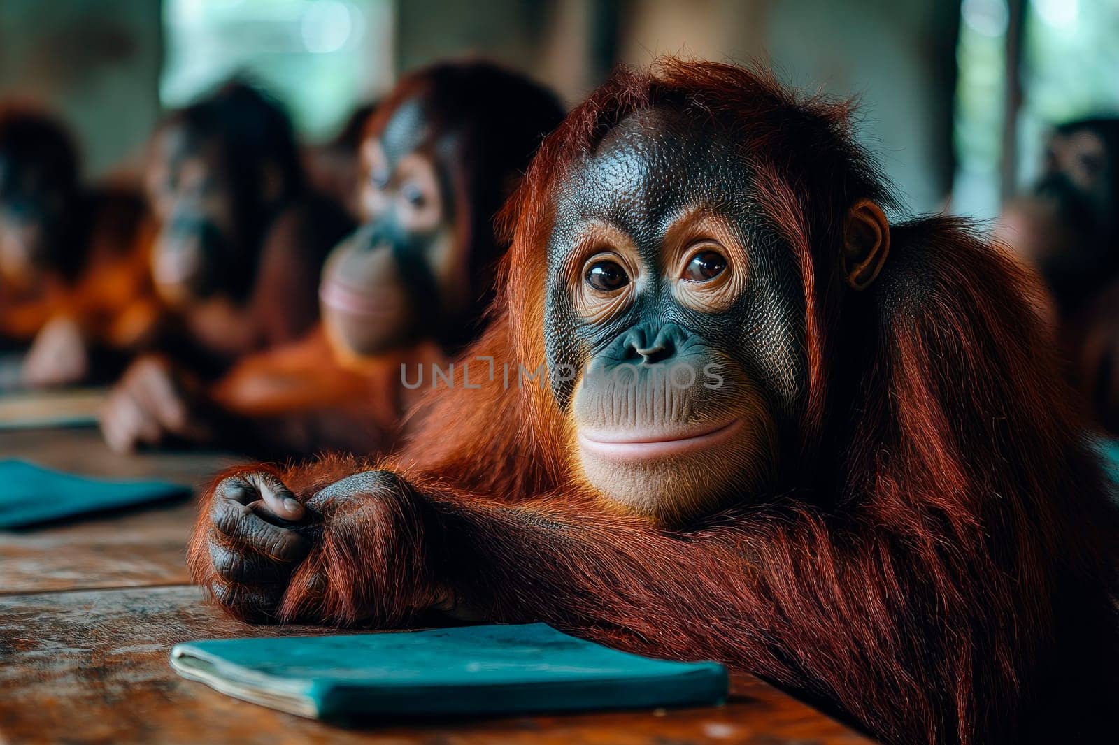 An orangutan in a school. Wild animals learning in a classroom. AI generated
