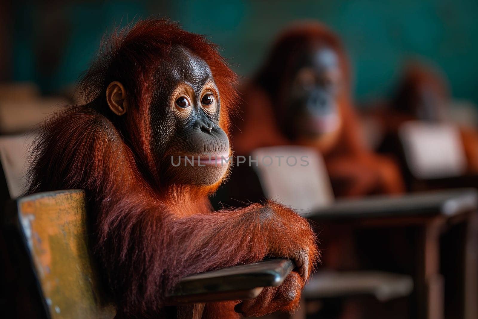 An orangutan in a classroom. Wild animals learning in a school. AI generated