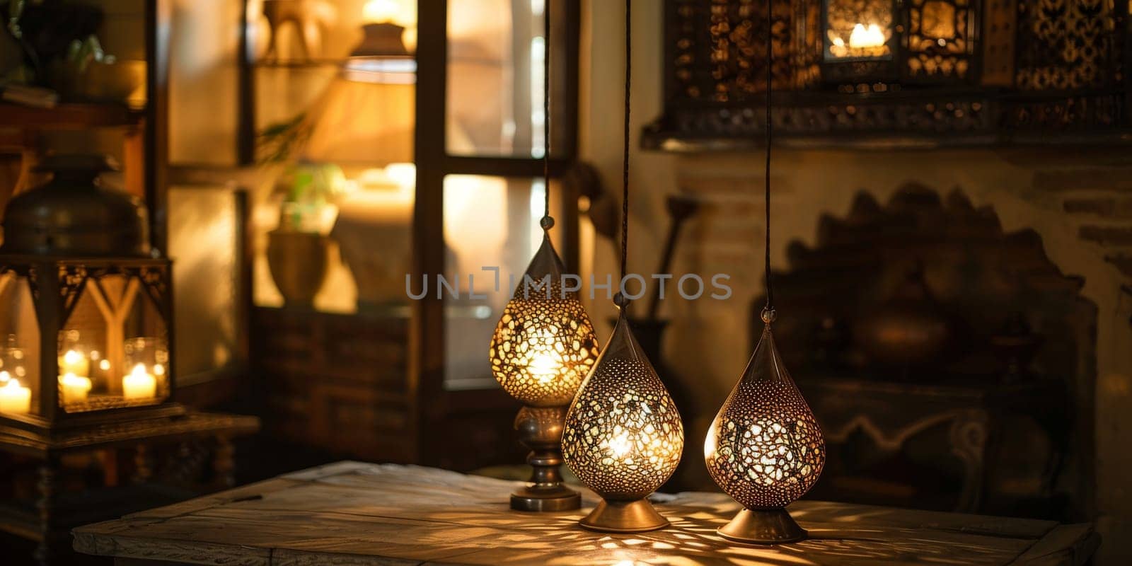 Handcrafted Islamic metalwork lamps, creating a warm and inviting ambiance in any room.