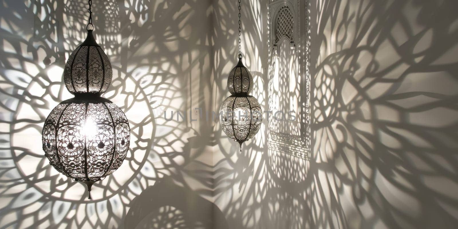 Islamic lanterns casting intricate shadows against a white wall, creating a mesmerizing ambiance.