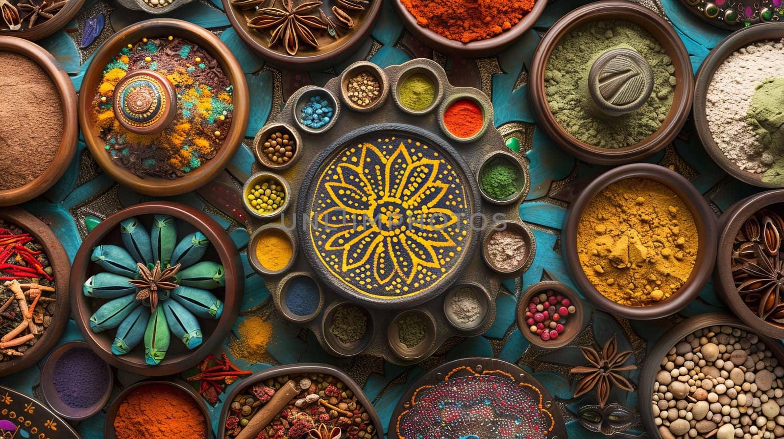 Indian spice market layout pattern of travel essentials including a spice market, incense, and henna tattoo against a backdrop of vibrant colors and exotic scents.