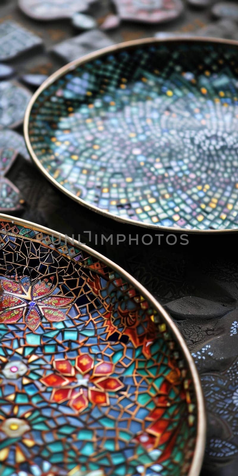Islamic-inspired mosaic trays with intricate designs, perfect for serving tea or snacks in style.