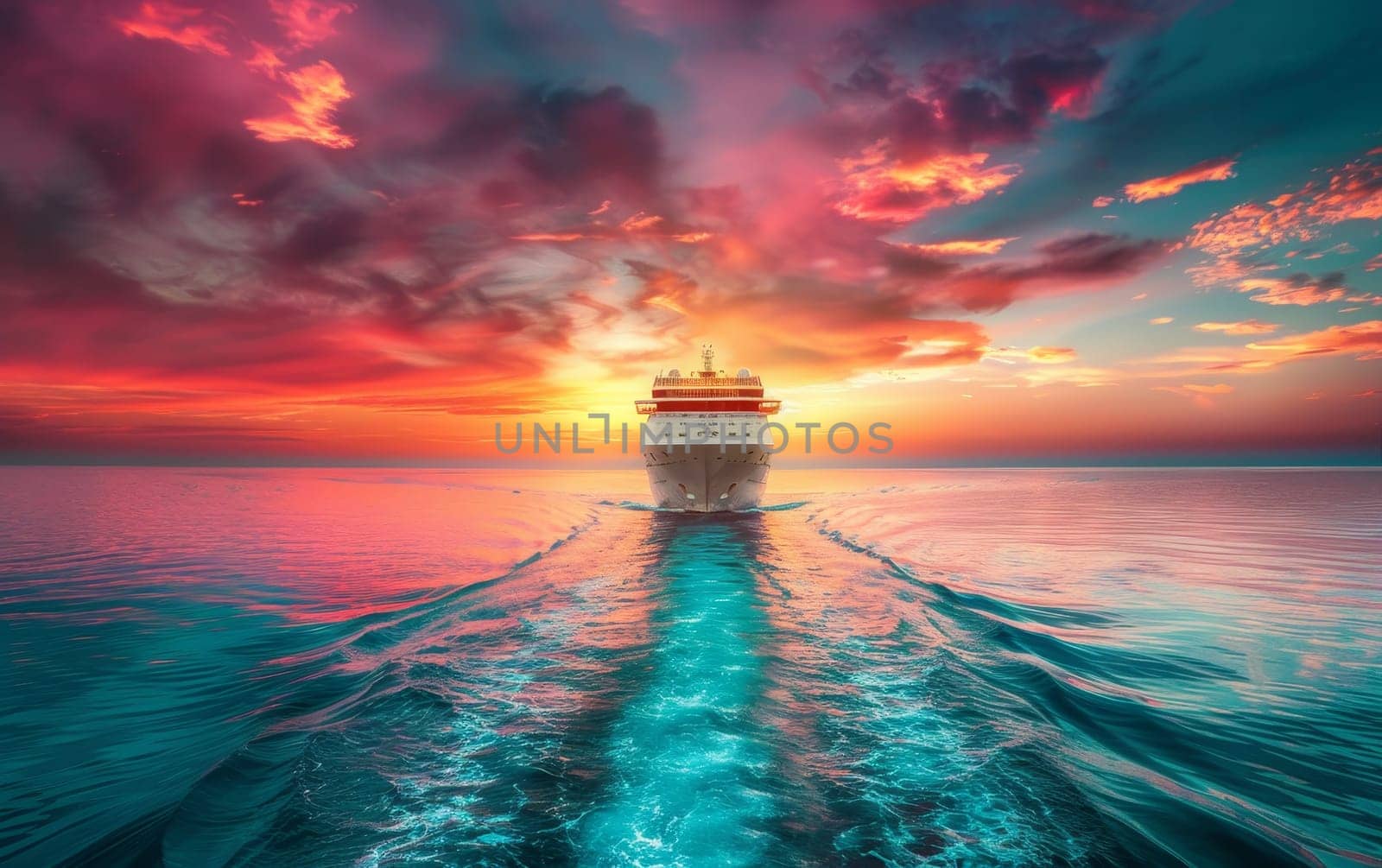 A luxury cruise ship sails through calm waters against a breathtaking sunset sky, offering a sense of grand travel adventures