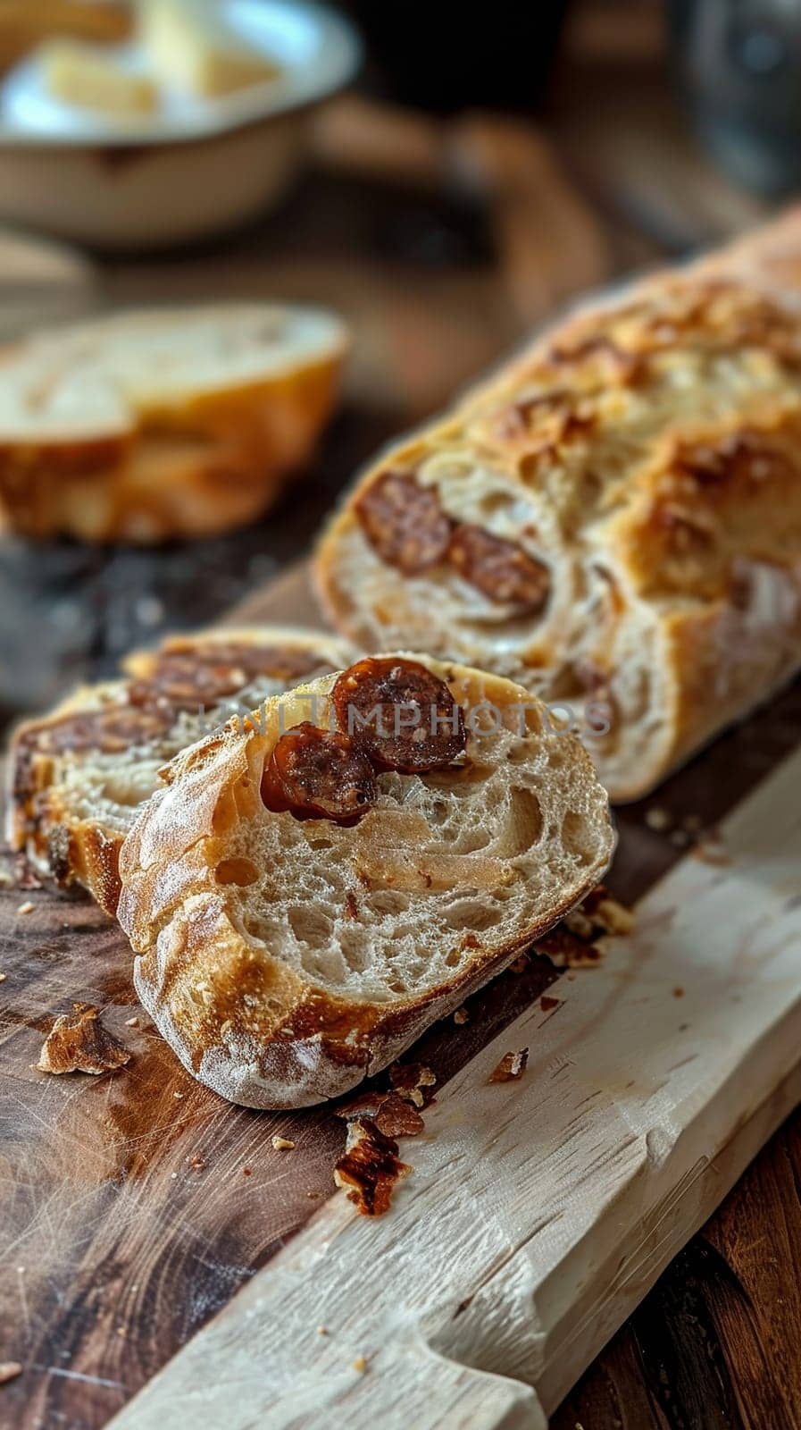 Sliced traditional sausage and rustic bread served on a wooden cutting board with ketchup, depicting a hearty meal