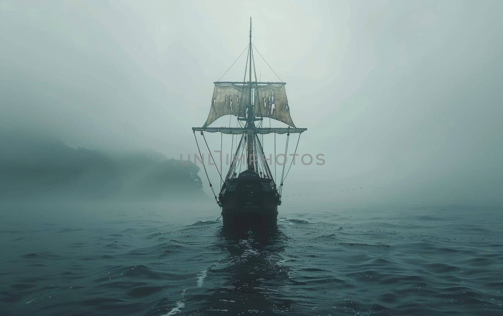 A ghostly sailing pirate ship emerges from a dense fog on the open sea, creating a mysterious and eerie maritime scene