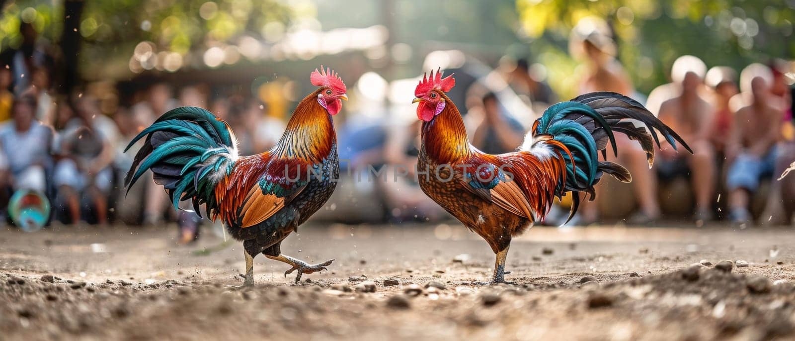 A dynamic cockfight with roosters engaged in battle while surrounded by an attentive crowd in a tropical village setting.