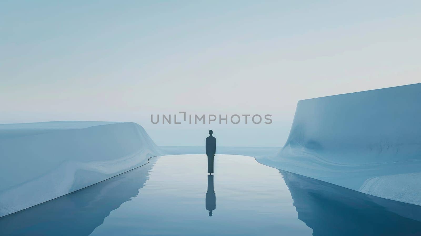 A man stands in front of a wall of ice. The scene is cold and desolate, with the man alone in the middle of the water. Concept of loneliness and isolation