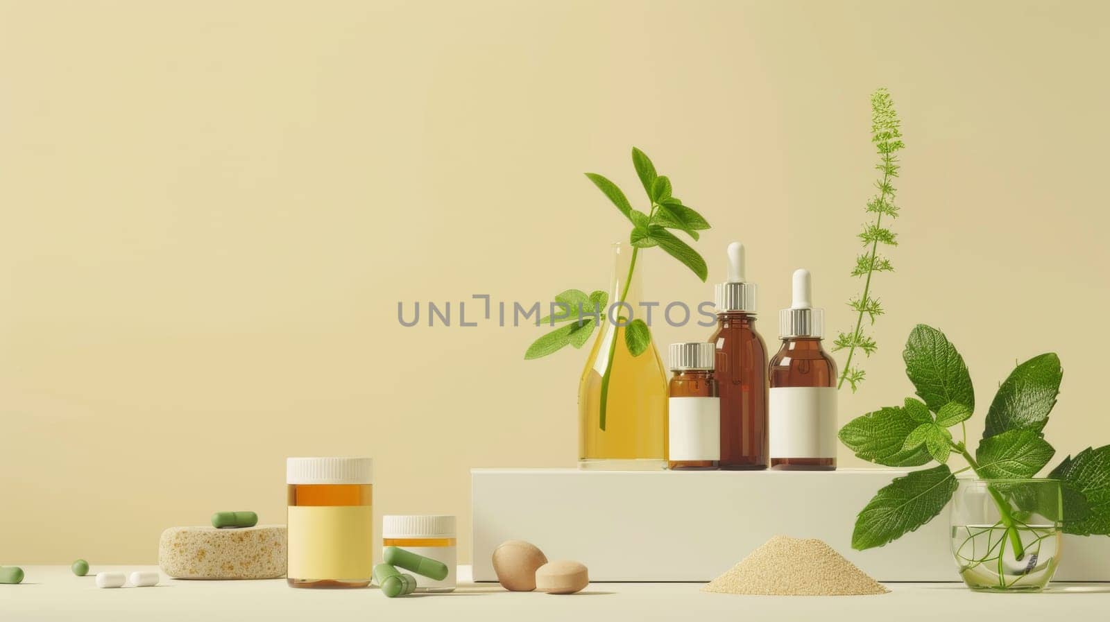 Minimalist depiction of holistic health products with designated copy space for messaging