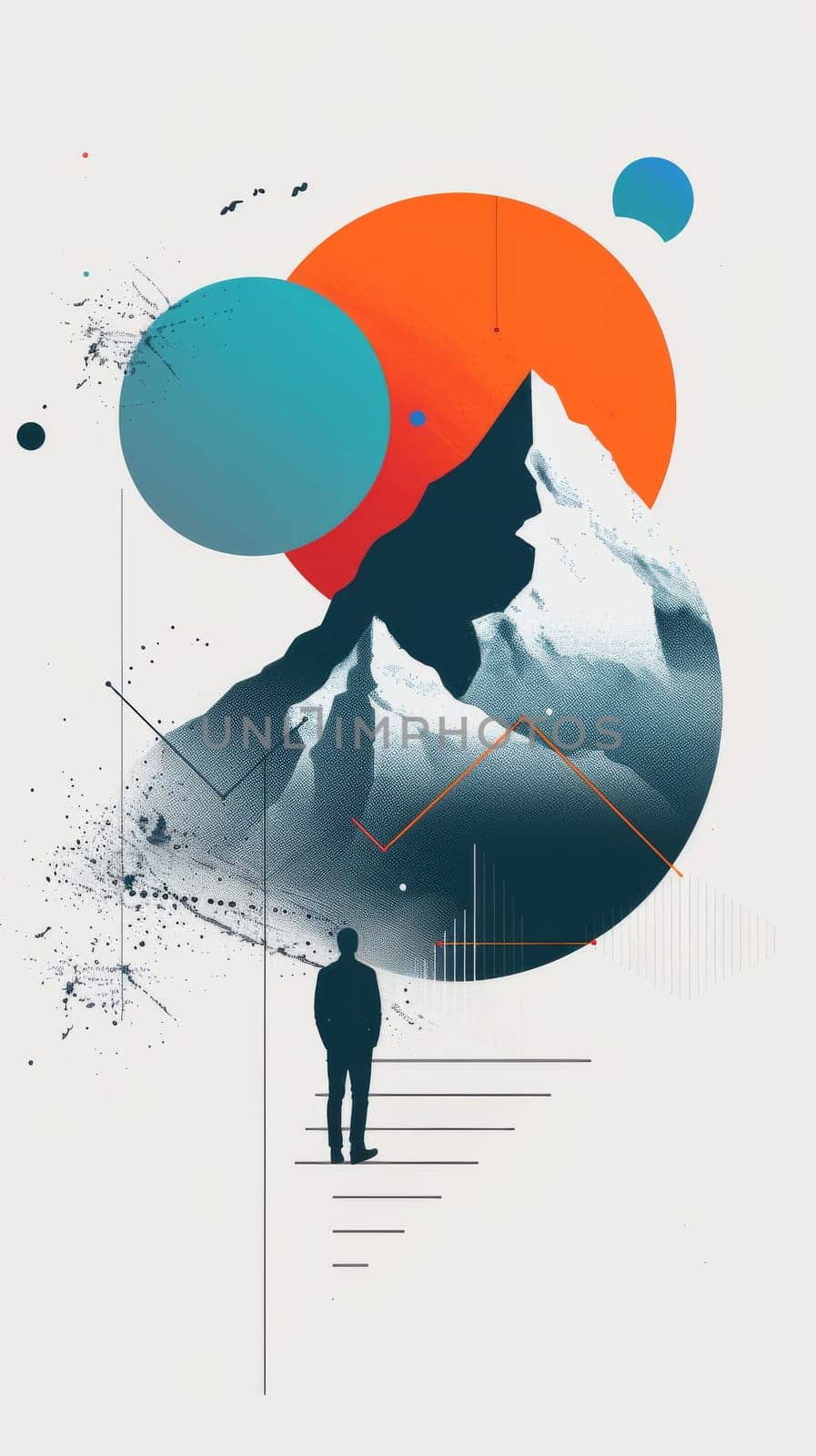 A man stands in front of a mountain with a blue and orange circle in the background. The mountain is covered in snow and the sky is cloudy. The man is looking up at the mountain