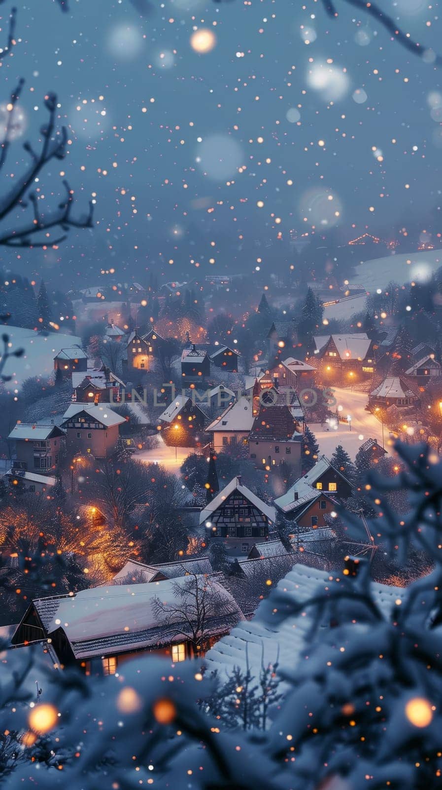 Delicate snowflakes drift down upon an alpine village, where homes glisten with festive lights amid the hushed silence of a snowy evening.