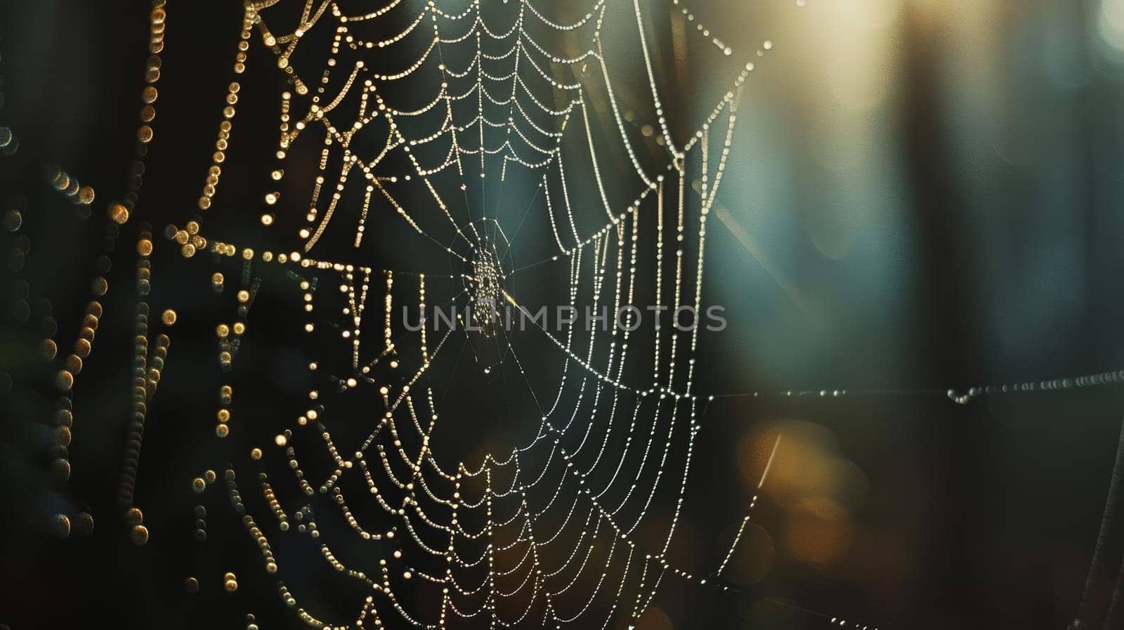 The complex geometry of a spiderweb captures the twilight's first light, creating a shimmering spectacle of dew against a dark forest canvas.