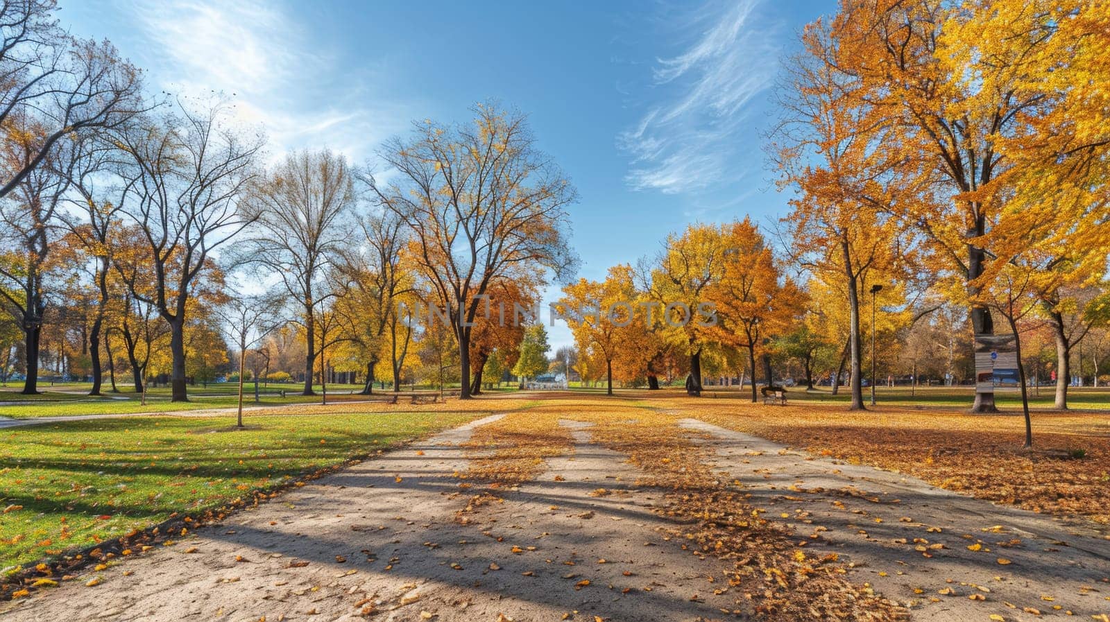 A wide pathway curves through an autumn-clad park, surrounded by a mosaic of warm-colored leaves and the soft light of an early fall day.
