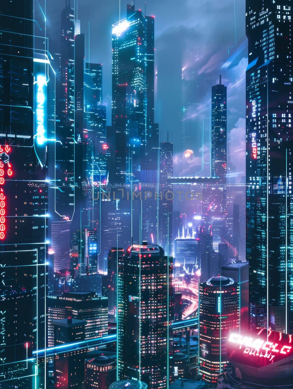 A vision of a neon-soaked urban dreamscape emerges under the night sky, with vivid signage and futuristic architecture defining its vibrant city life.