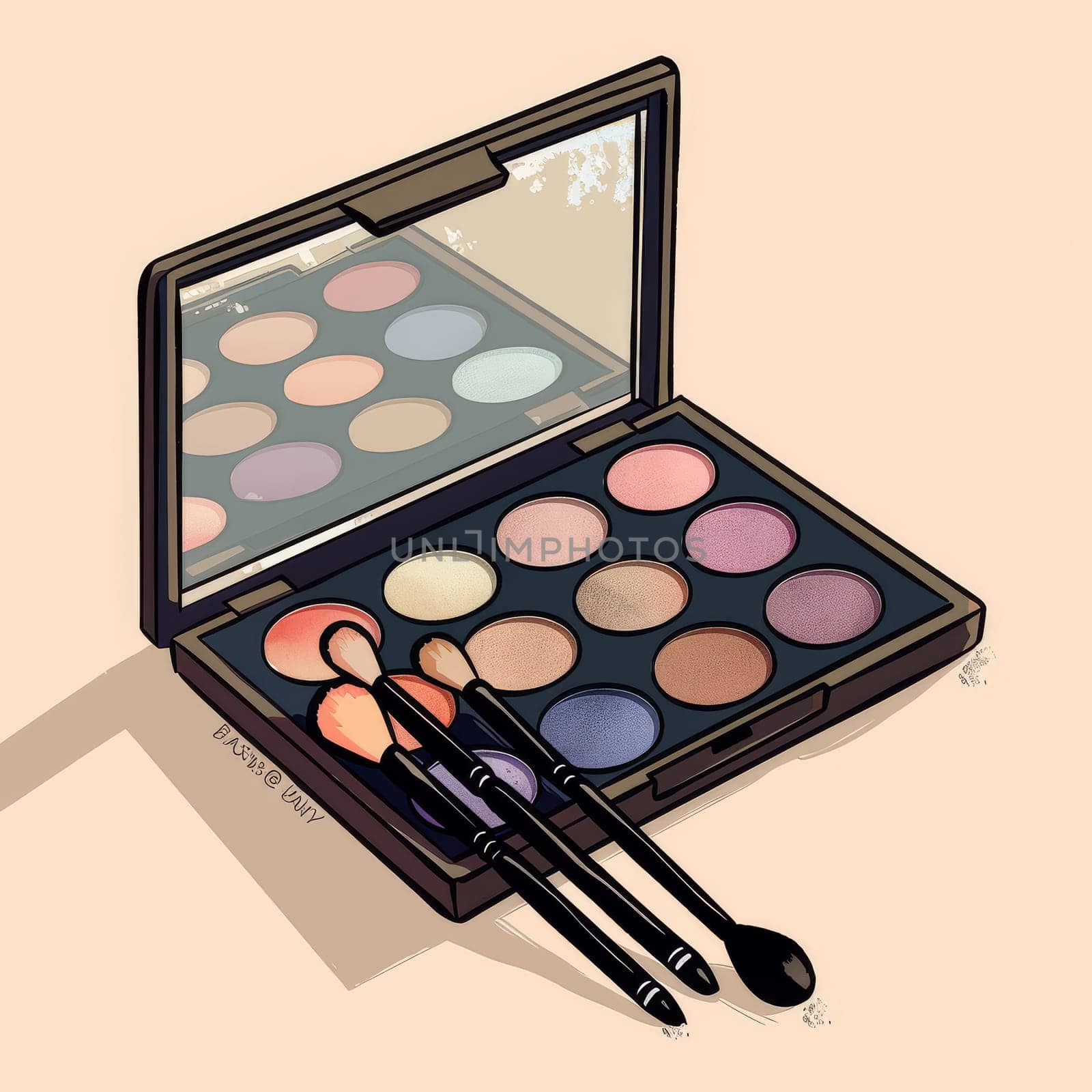 Minimalist illustration of a makeup palette with brushes.