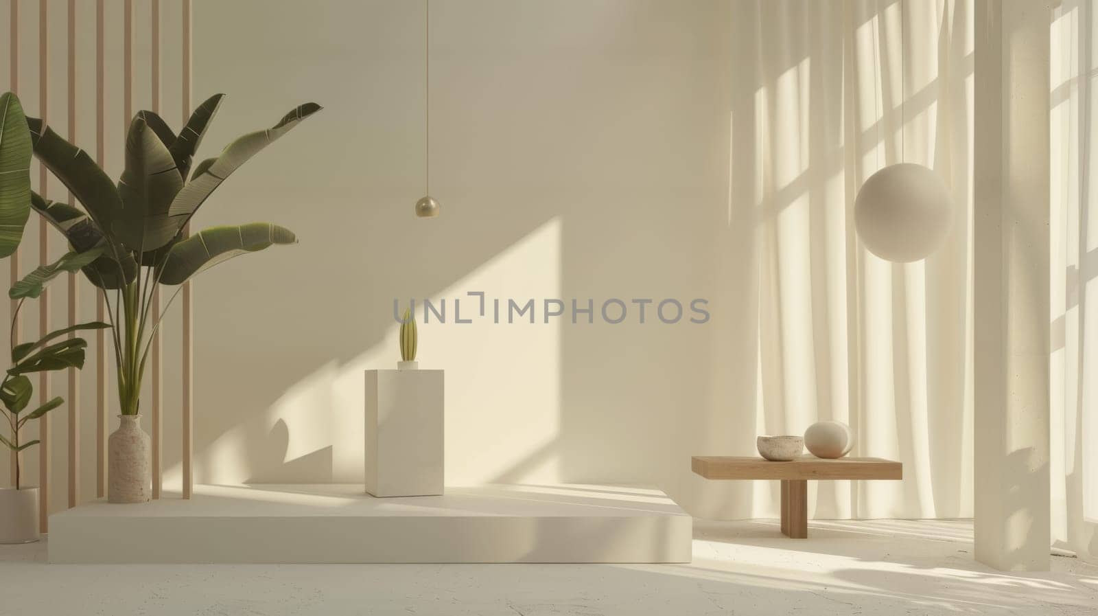 A white room with a white pedestal and a white table. The room is empty and has a minimalist feel