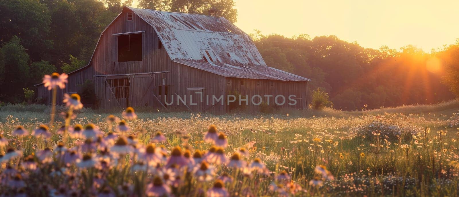The last rays of the sun cast a warm glow over an antique barn, complemented by a foreground of cheerful wildflowers in a pastoral setting.