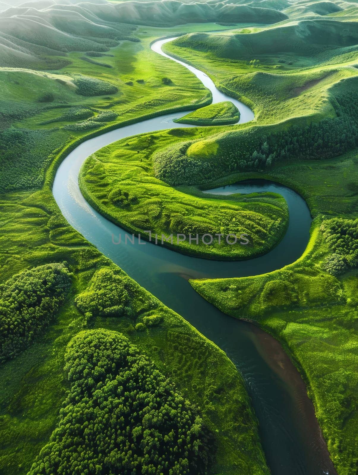 The peaceful green river winds elegantly through undulating hills, creating a harmonious natural pattern as viewed from the skies.