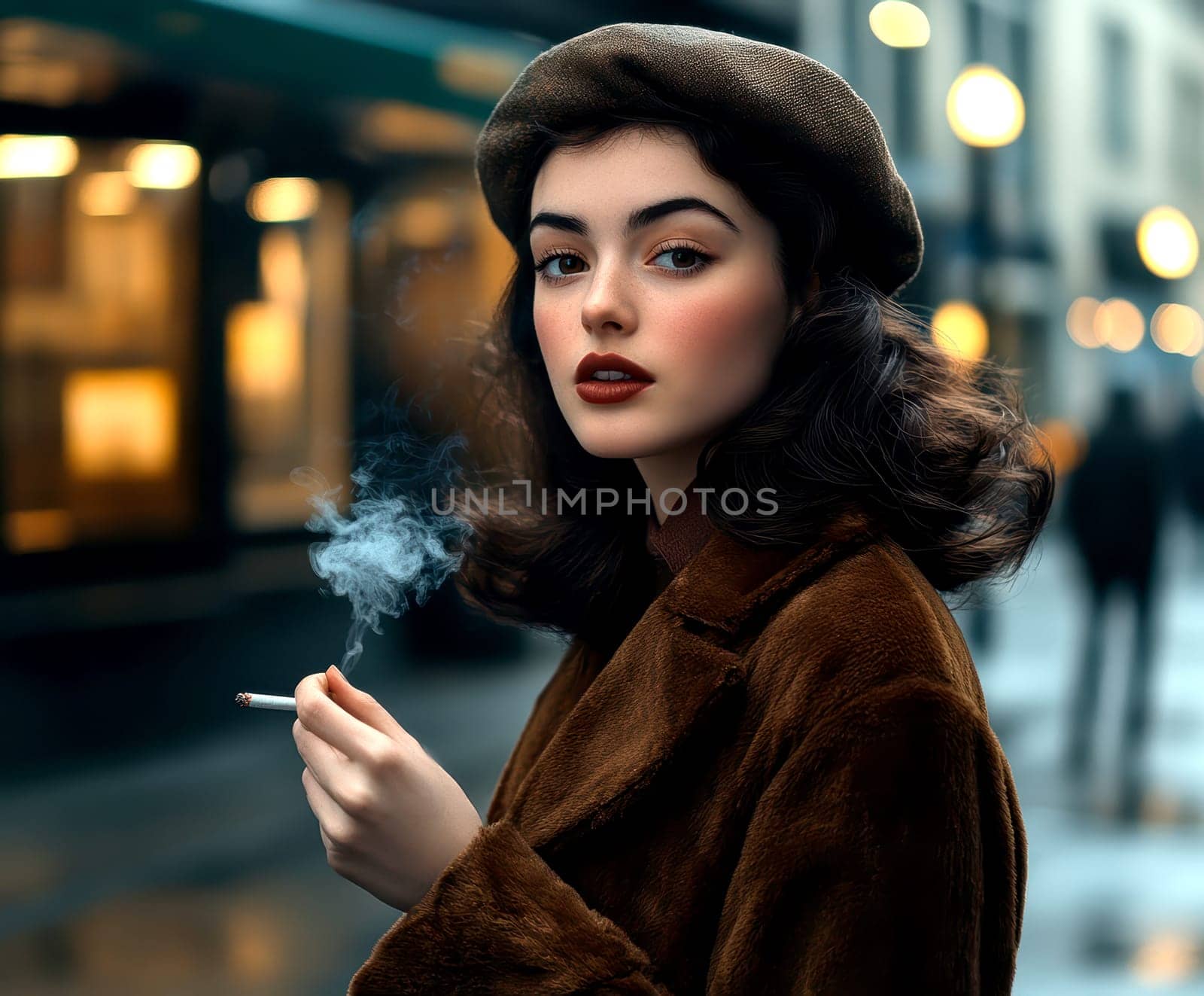 Woman dressed in 80s style smoking a cigarette on the street. AI generative.