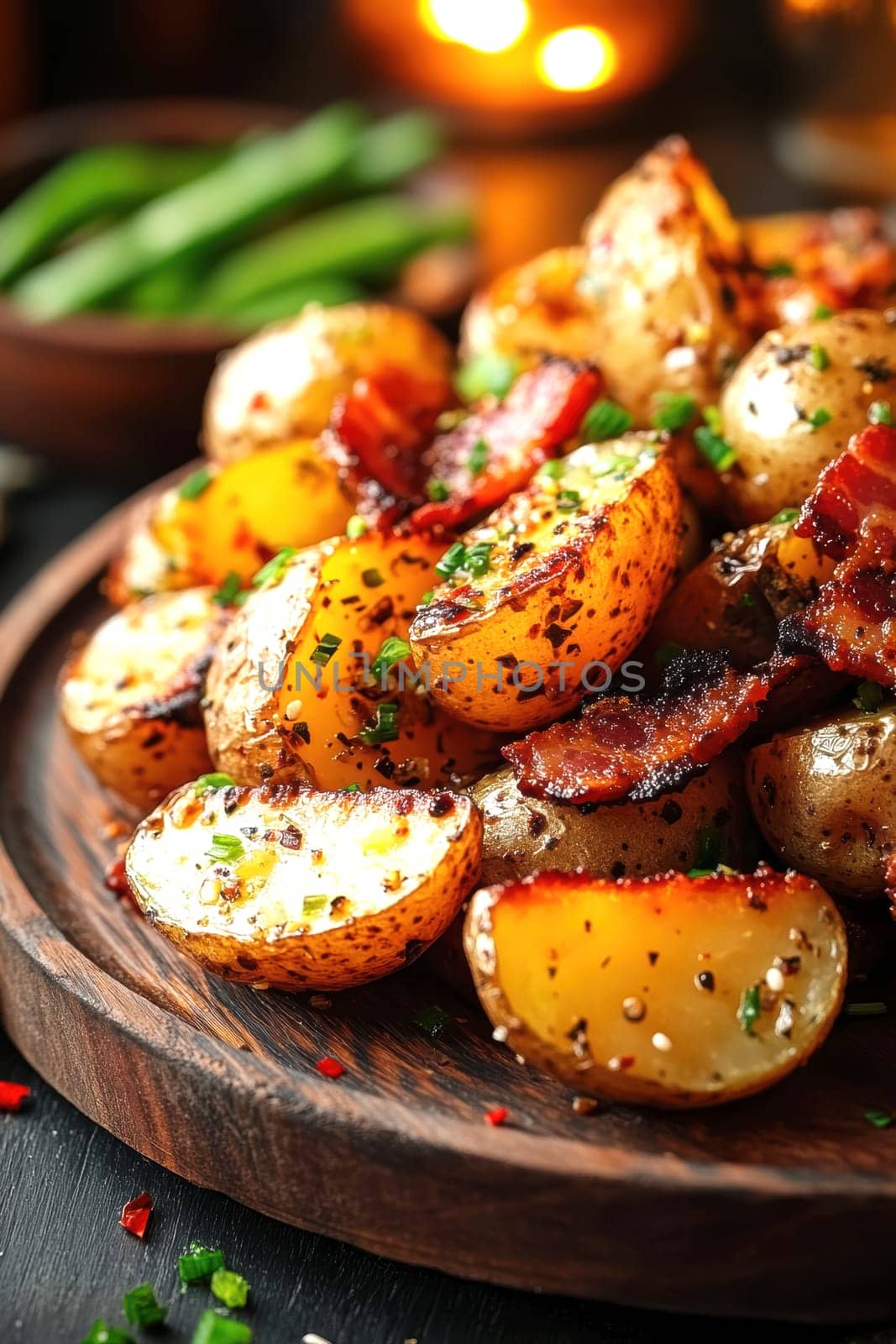 Rustic country-style dish with roasted new potatoes in a plate, tender green beans and crispy bacon bits. AI generative.