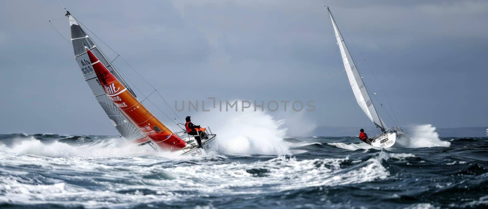 Sailboats with billowing spinnaker sails glide on the water, showcasing the beauty of sail racing on a clear day