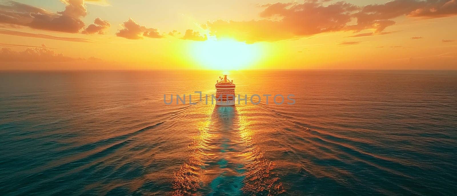 A luxury cruise ship sails through calm waters against a breathtaking sunset sky, offering a sense of grand travel adventures