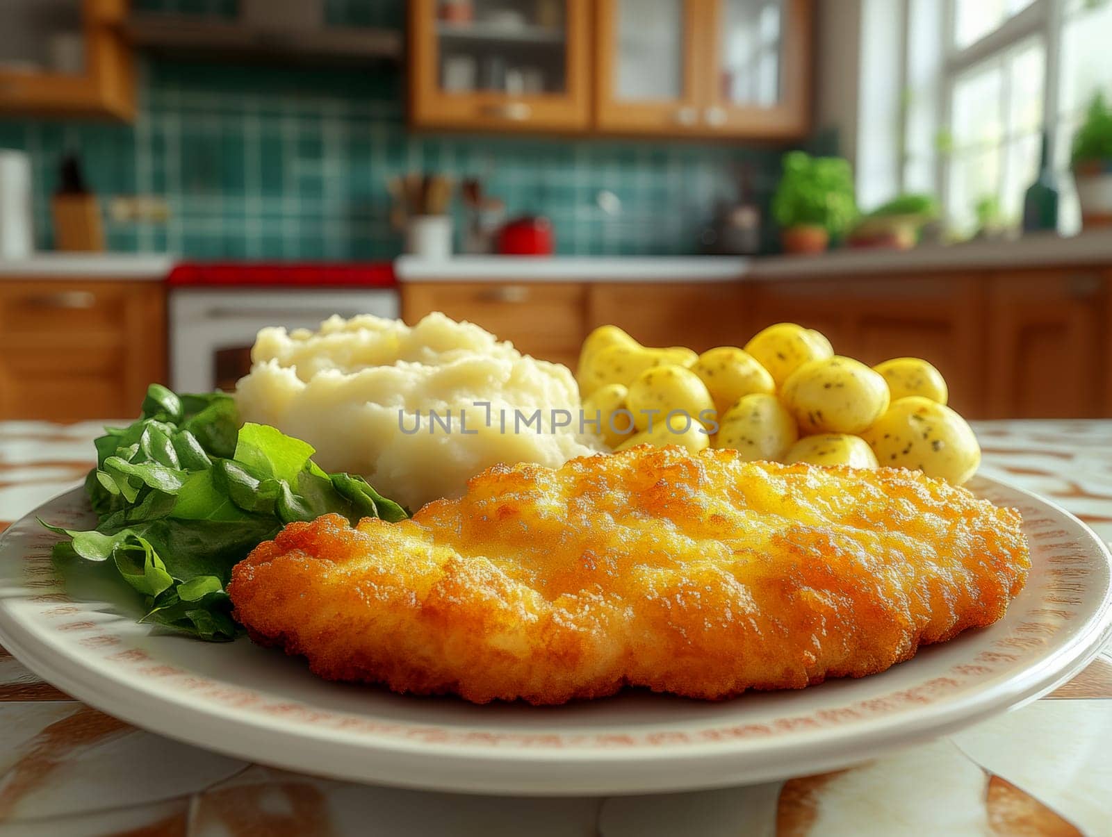 delicious homemade schnitzel on a plate, surrounded by fresh salad and a side of mashed potatoes. AI generative.