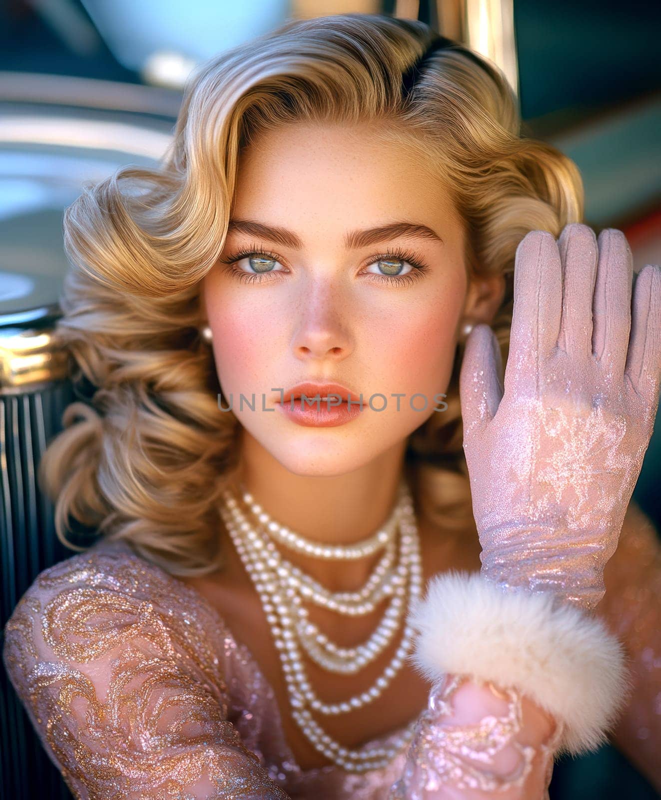 Blonde woman with pearl necklace and 1960s outfit AI generative.