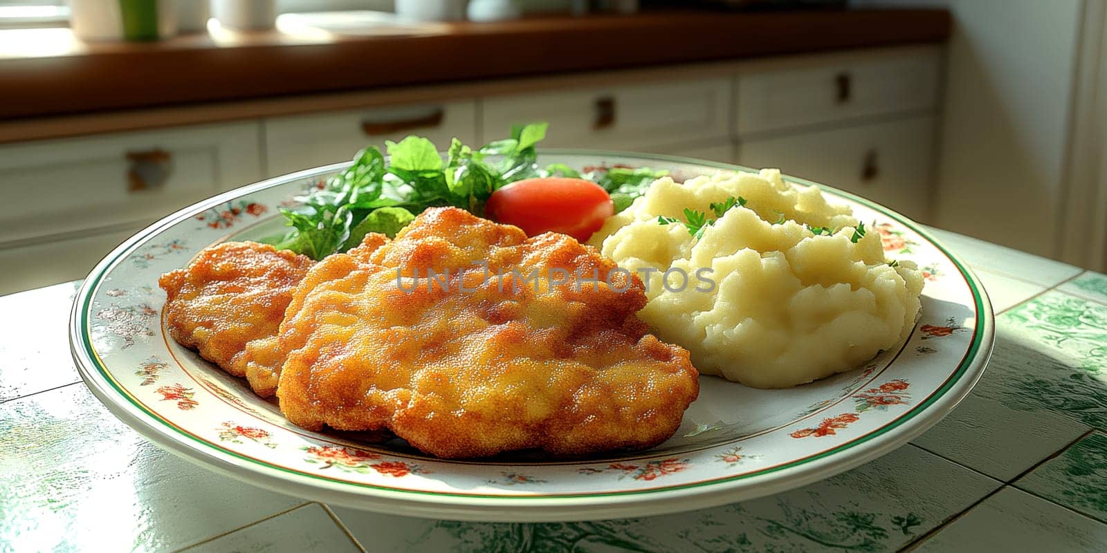 delicious homemade schnitzel on a plate, surrounded by fresh salad and a side of mashed potatoes. AI generative.