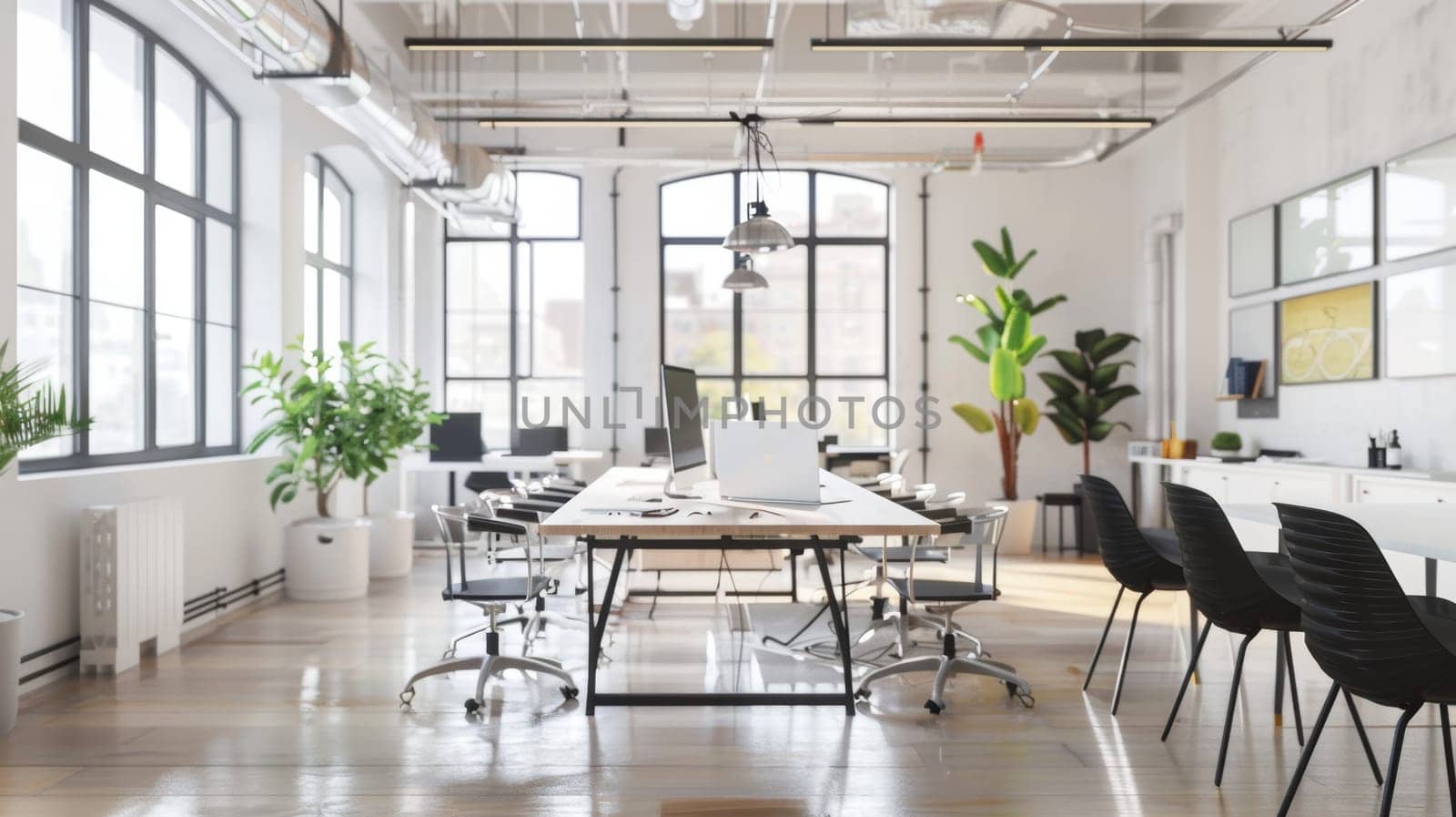A large open office space with a lot of natural light and plants. The room is filled with chairs and desks, and there are several potted plants scattered throughout the space