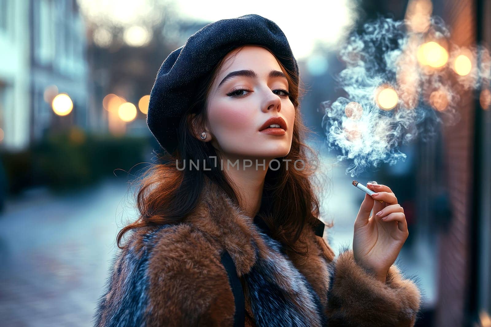 Woman dressed in 80s style smoking a cigarette on the street. AI generative.
