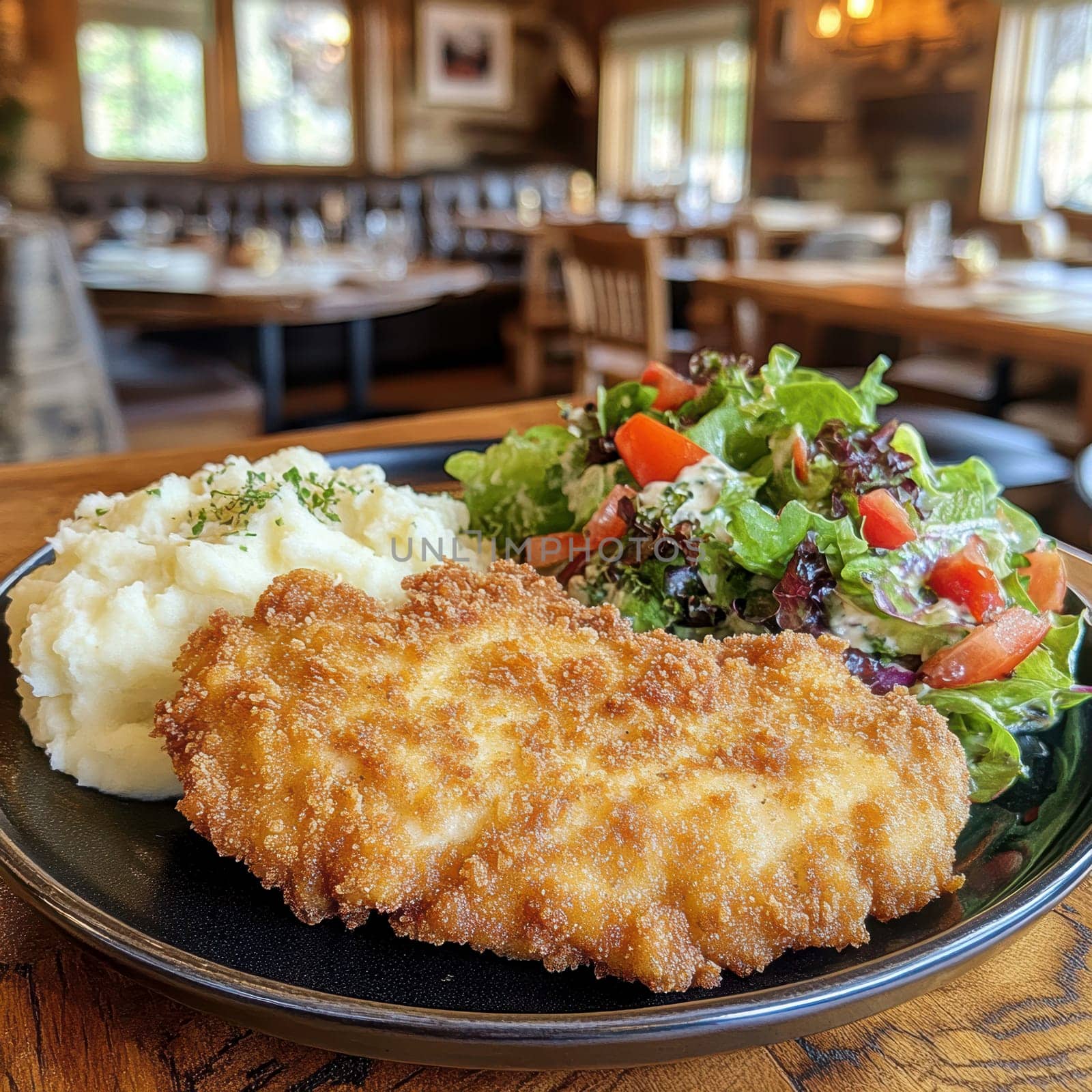 delicious homemade schnitzel on a plate, surrounded by fresh salad and a side of mashed potatoes. AI generative.