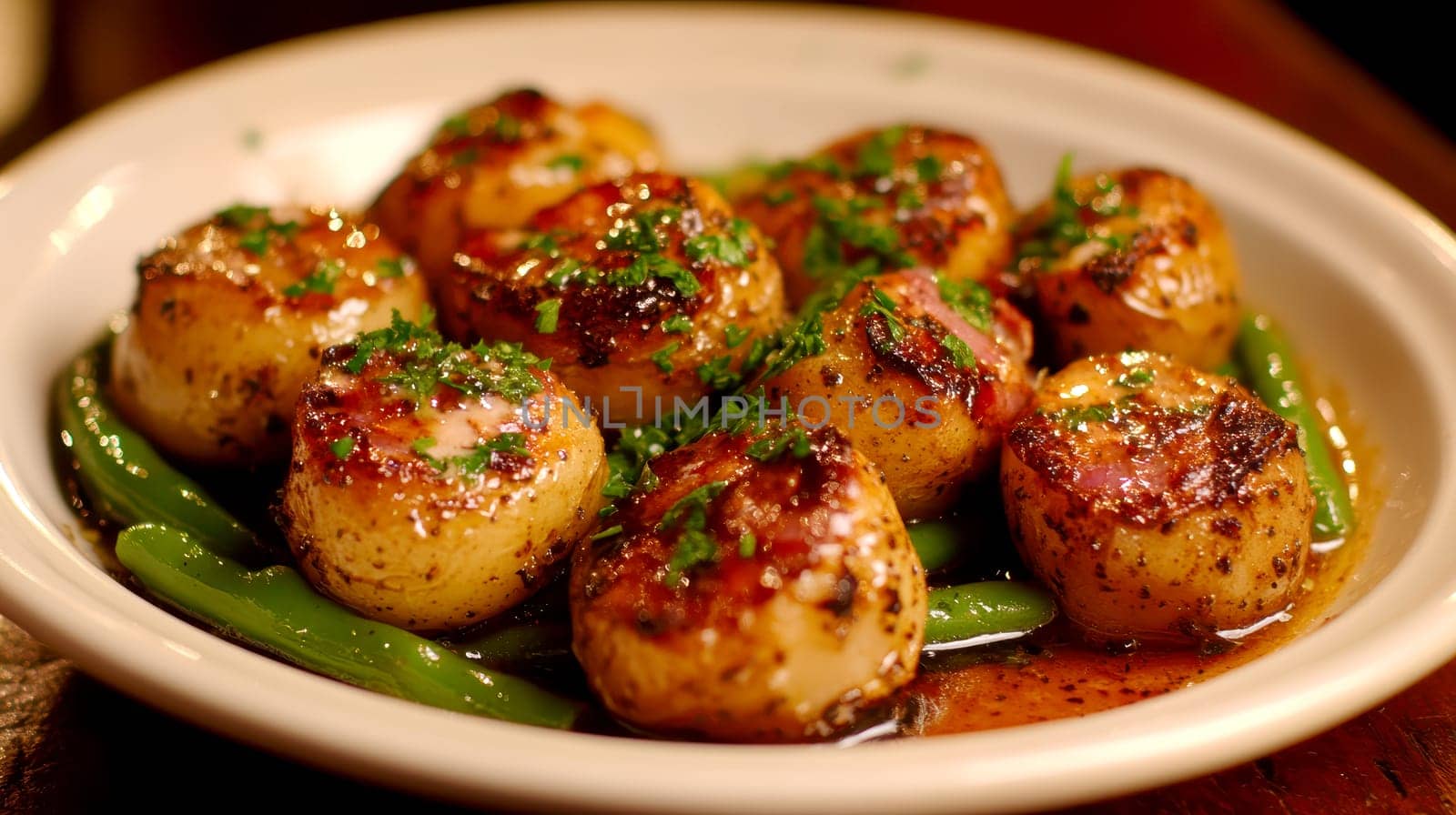 Rustic country-style dish with roasted new potatoes in a plate, tender green beans and crispy bacon bits. AI generative.